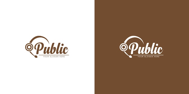 A brown and white logo for public.