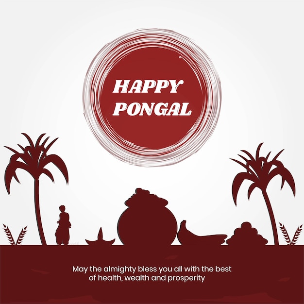 인도 축제 축하 Happy Pongal의 갈색과 흰색 실루엣 배경 디자인 벡터 그림