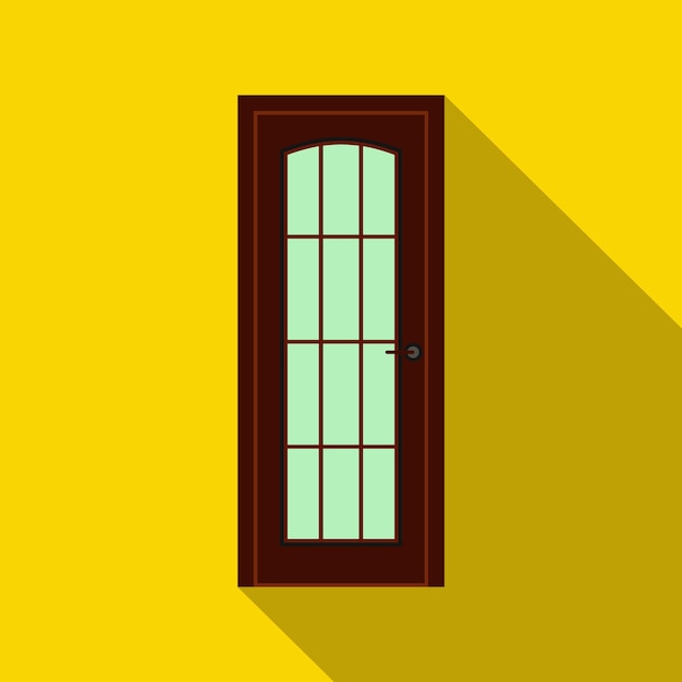 Brown wooden door icon in flat style on a yellow background