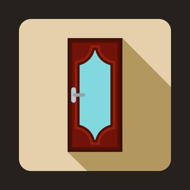 Brown wooden door with glass icon in flat style on a beige background