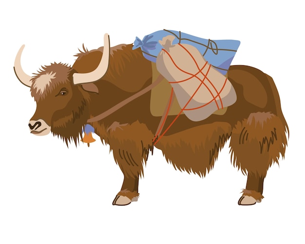 Vector a brown yak with bags on its back vector flat style a pet is used for cargo transportation in nepal