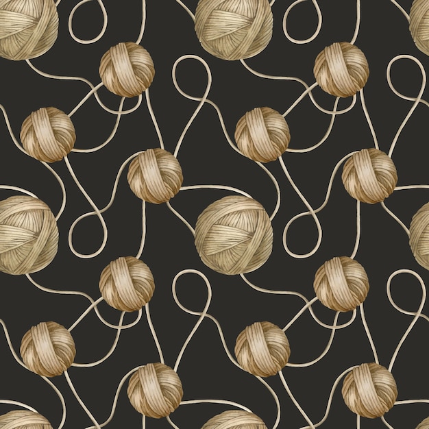 茶色の糸ボール 編み物用糸のかせ 水彩のシームレスなパターン