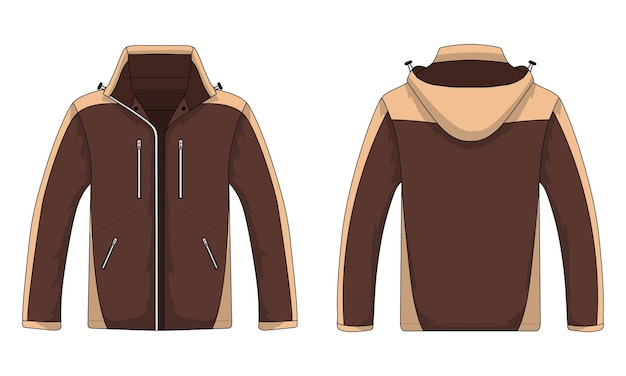 Макет коричневой куртки с капюшоном на молнии, вид спереди и сзади
