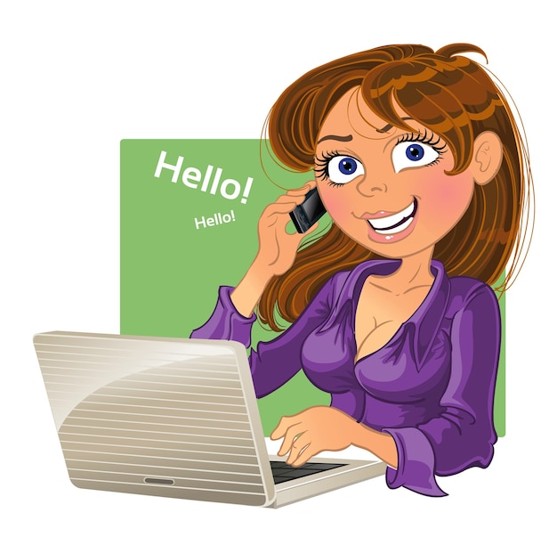 Brownhaired woman with phone and laptop