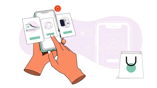 Vector browse items in a online shopping mobile app using a smart phone holing on hand and finger on screen