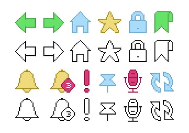 Vector browser icons in pixel style a set of retro pixel symbols