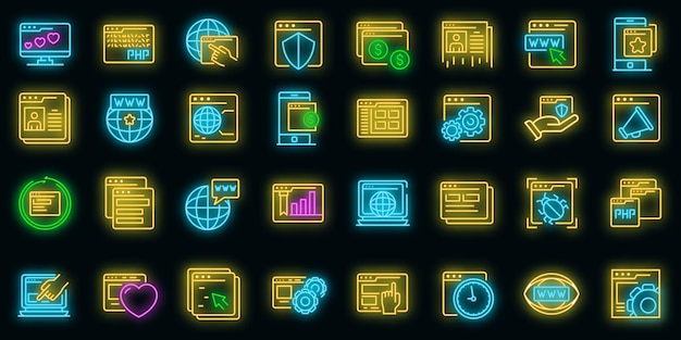 Browser icons set. Outline set of browser vector icons neon color on black