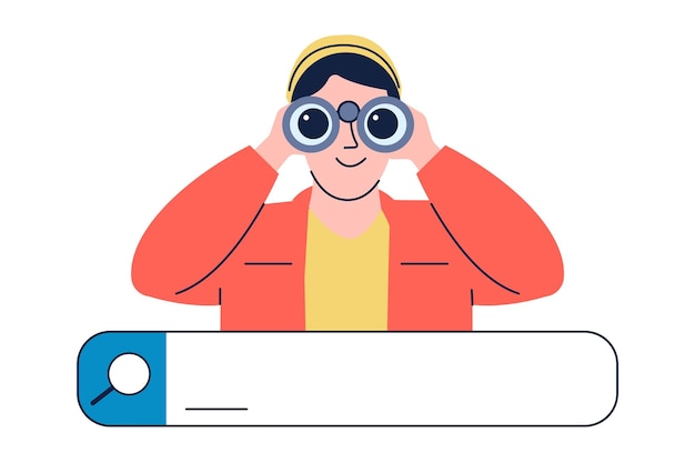 Browser search bar concept Guy looking in binocular searching answers in internet Business metaphor web window with young adult recent vector character