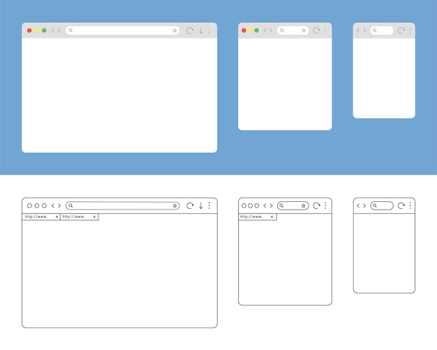 Elementi di linea web di vettore isolato finestra del browser. modello di progettazione con finestra del browser piatta per dispositivo mobile. modello lineare e piatto del sito web. mockup per la progettazione di siti web. vettore di riserva. eps 10