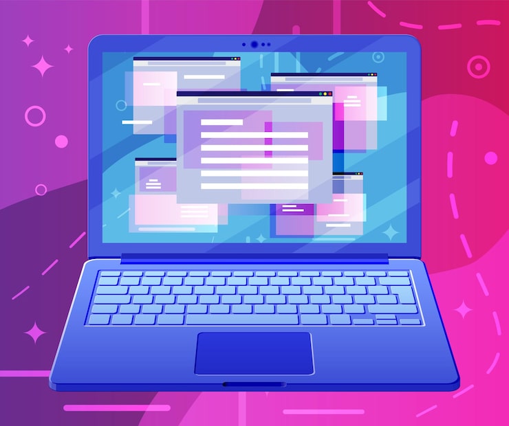 Vector browser window on laptop screen. operating system user interface, gui on notebook. computer software. documents folder. abstract background with ui panels. flat vector illustration