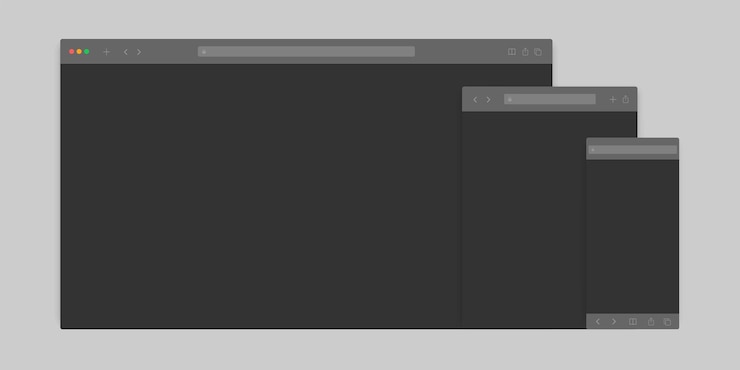 Vector browser window mockup. website template vector frame. web site computer screen mock up. pc, laptop, mobile, tablet browser view isolated, dark, night mode theme