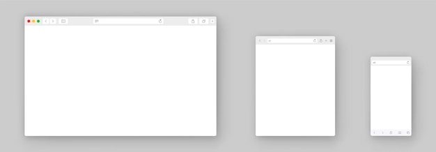 Vector browser window realistic blank browser window with toolbar and shadow pc tablet laptop computer and smartphone empty web page mockup stock vector