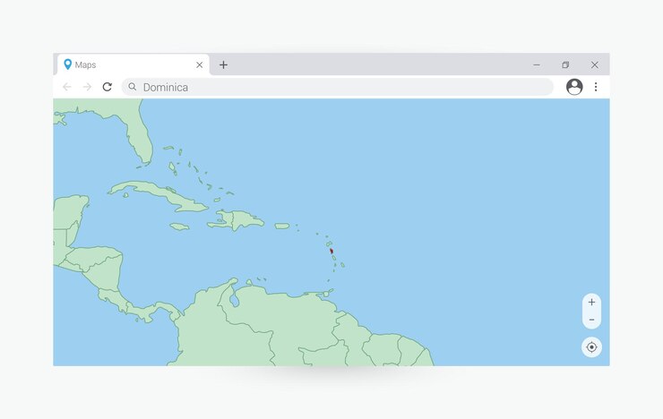 Vector browser window with map of dominica searching dominica in internet
