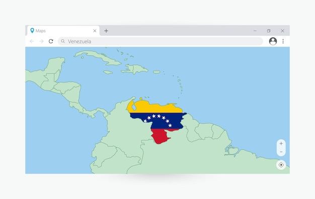 Vettore finestra del browser con la mappa del venezuela alla ricerca del venezuela su internet