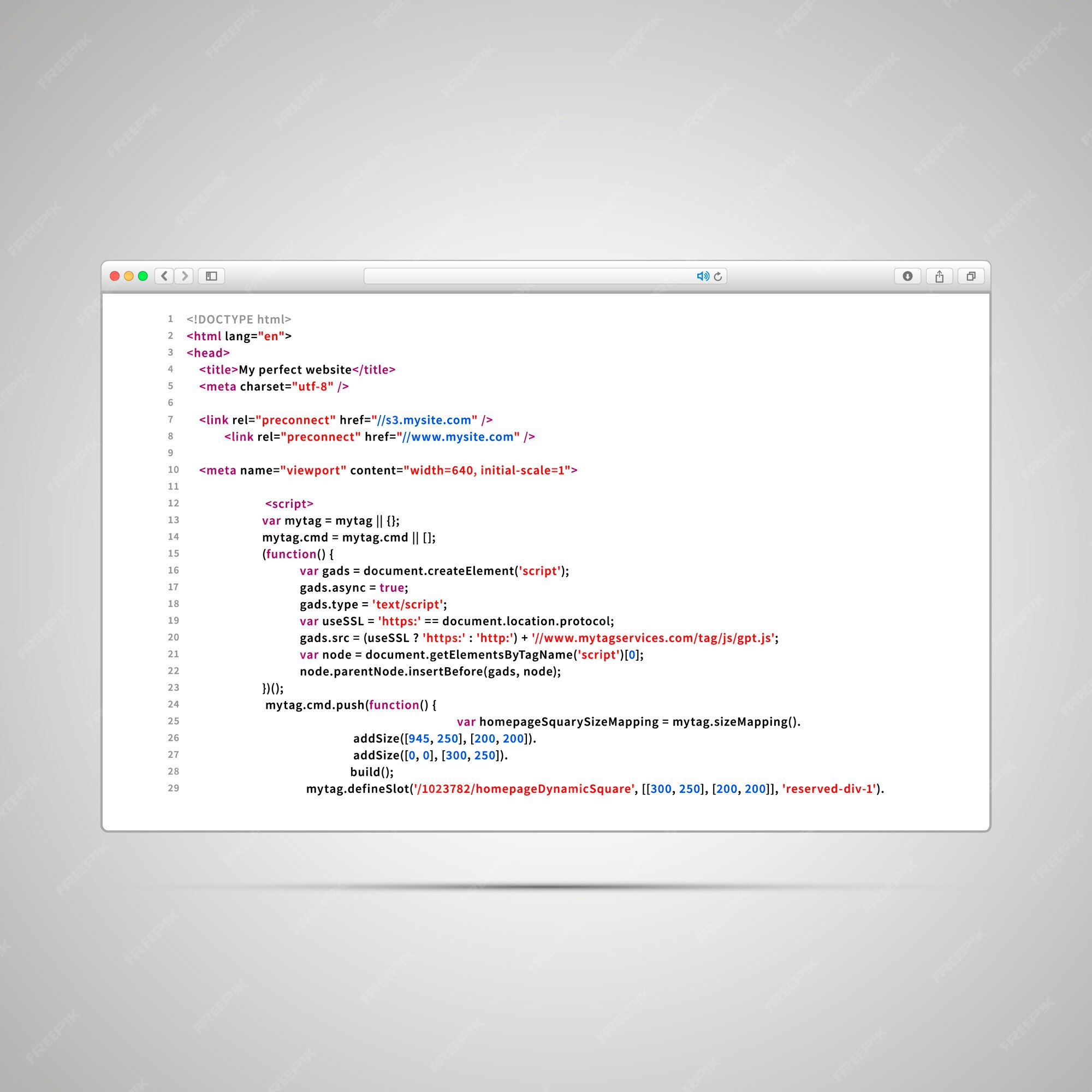 Premium Vector | Browser window with simple html code of web page