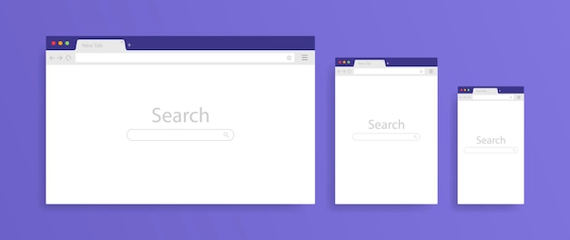 Browservenster geopend op pc, tablet en mobiele telefoon. Browser windows lege sjabloon mockup set webpagina. Moderne vectorillustratie.