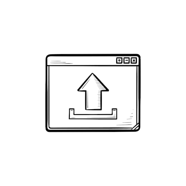 Browservenster met upload teken hand getrokken schets doodle pictogram. bestandsupload, website downloadconcept