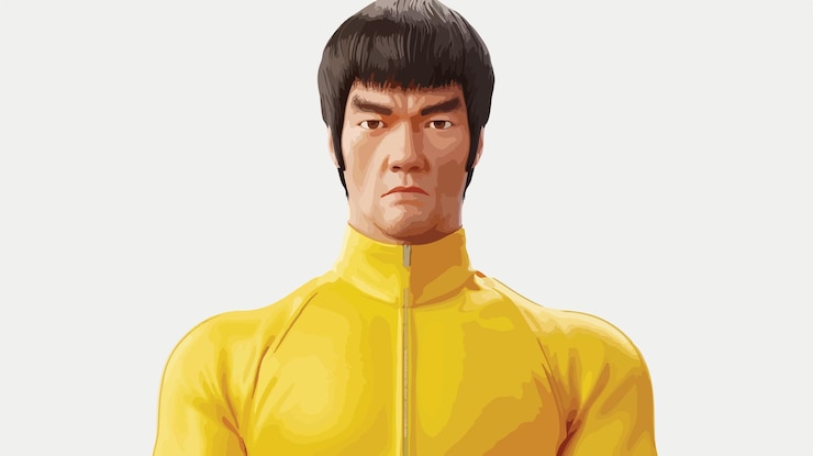 Vector bruce lee standing yellow track suit 3d illustration