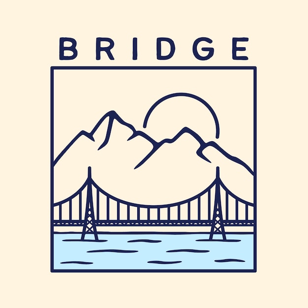 Vector brug en berg met zonsondergang vectorillustratie voor t-shirt, poster, handgetekende lijnstijl