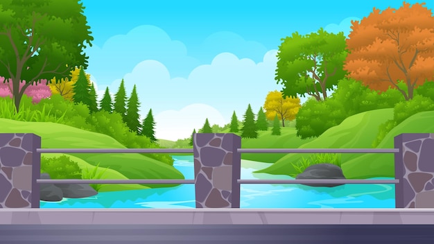 Vector brug over de rivier met stenen omheining en prachtig natuurlandschap cartoon landschap