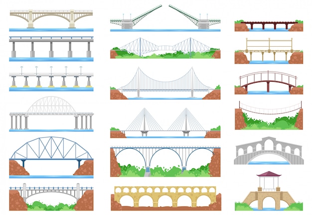 Brug stedelijke crossover architectuur en brug-constructie voor transport illustratie overbrugde set rivier brug-gebouw met rijbaan op witte achtergrond