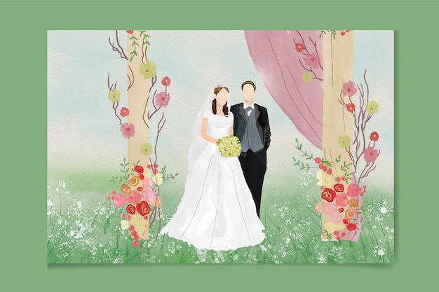 Vector bruid en bruidegom huwelijksuitnodiging van natuurlandschap met aquarel van de huwelijkspoort