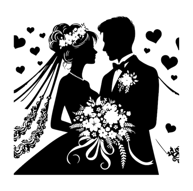 bruid en bruidegom silhouet illustratie gelukkig paar vieren huwelijk vector