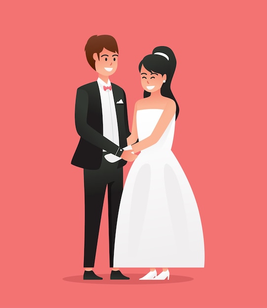 Bruid in witte jurk en bruidegom in pak Paar bruiloft vectorillustratie