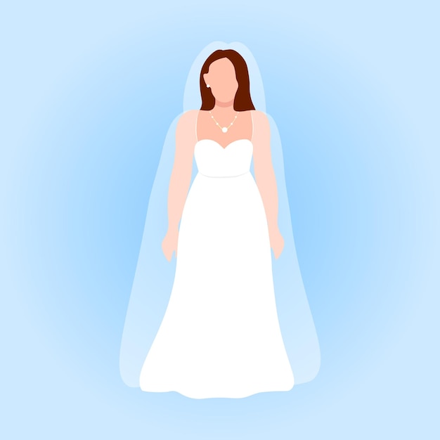 Bruid karakter kleurrijke vlakke afbeelding lange witte jurk en mooie sluier cartoon vrouw trouwkaart viering