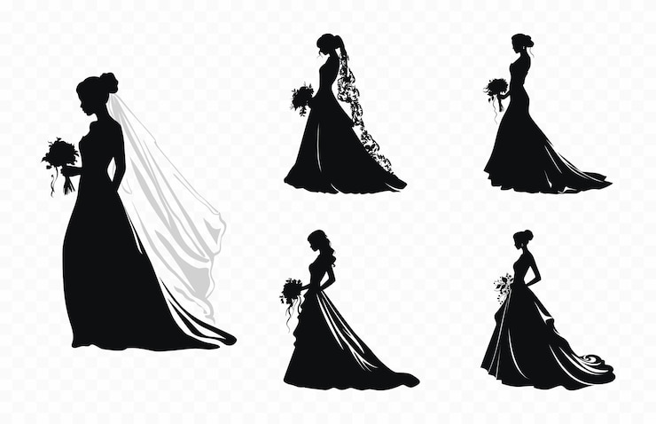 Vector bruid met bouquet silhouet vector set mooie vrouw bruid silhouet set