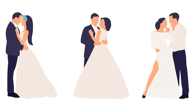 Bruiden en bruidegoms in vlakke stijl geïsoleerde vector