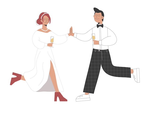Bruidspaar met een drankje hand in hand Vakantie en liefde concept De pasgetrouwden gaan trouwen