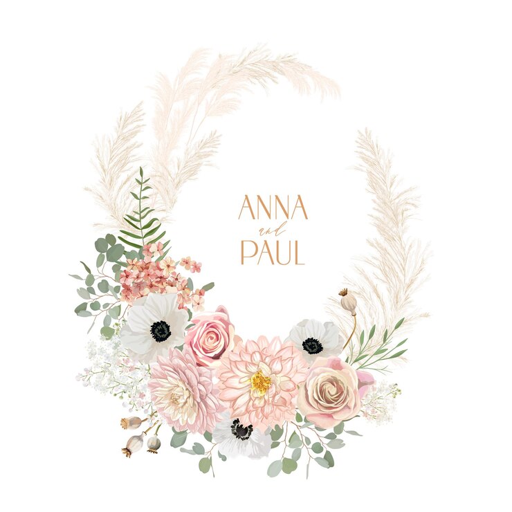Vector bruiloft anemoon, roos, pampagras bloemenkrans. vector lente gedroogde bloemen boho uitnodigingskaart. aquarel sjabloon frame, gebladerte decoratie, moderne poster, trendy design