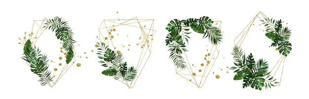 Bruiloft bloemen gouden geometrisch driehoekig frame met tropisch exotisch groen
