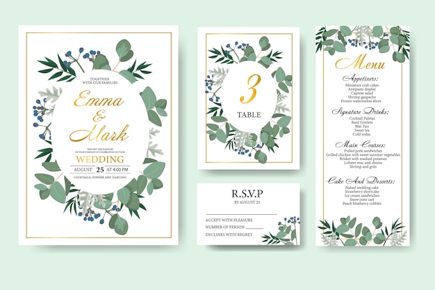 Bruiloft bloemenuitnodigingskaart bewaar het datumontwerp met eucalyptusframe van groene bladkruiden