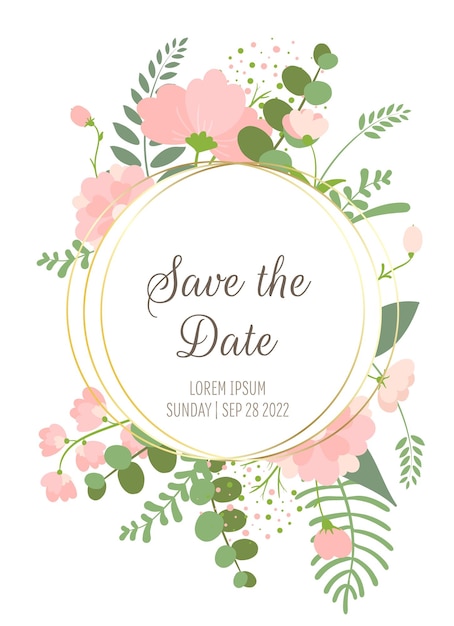 Bruiloft botanische kaart met bloemen bladeren uitnodigingskaart sjabloonontwerp met gouden lijnen