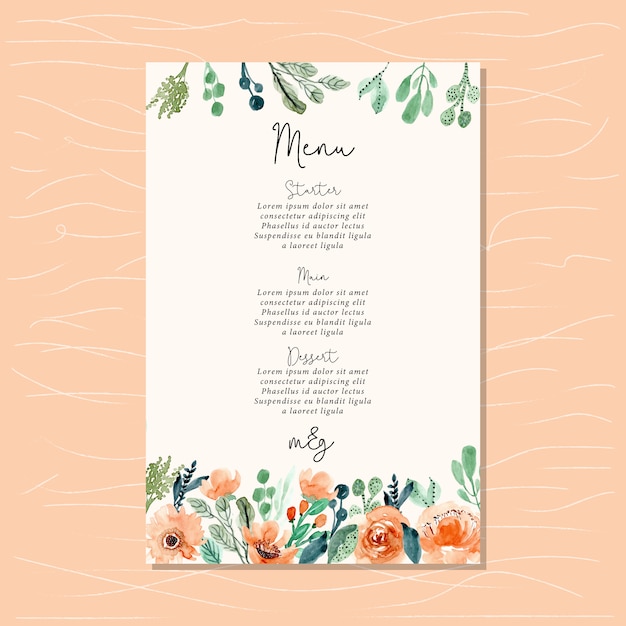 Vector bruiloft menu met aquarel bloemenrand