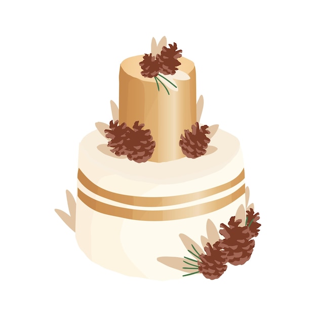 Bruiloft of verjaardagsdessert versierd met dennenappels en naalden. Feestelijke tweelaagse vanillecake met gouden glazuur. Gekleurde vectorillustratie geïsoleerd op een witte achtergrond.