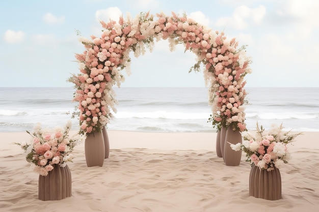 bruiloft op het strand met bloemen op het zand