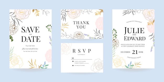 Bruiloft uitnodiging, bedankje en RSVP-kaart Vector