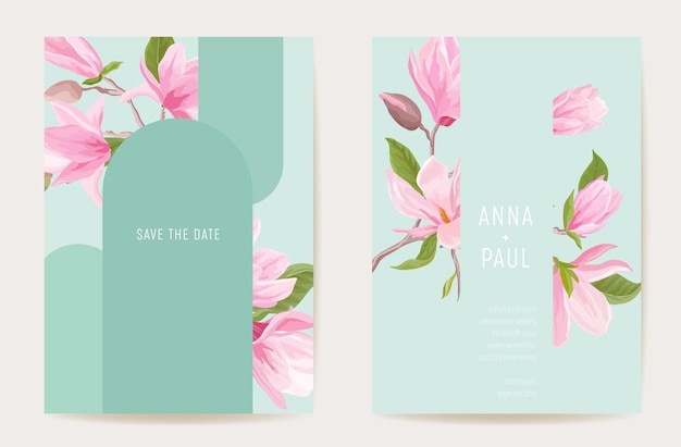 Bruiloft uitnodiging boho magnolia bloemen kaart. Moderne bloemenkaderset, minimale sjabloonvector. Botanische Save the Date poster, trendy design, luxe achtergrond