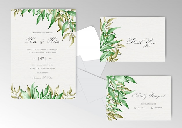 Bruiloft uitnodiging briefpapier met aquarel bloemen en bladeren
