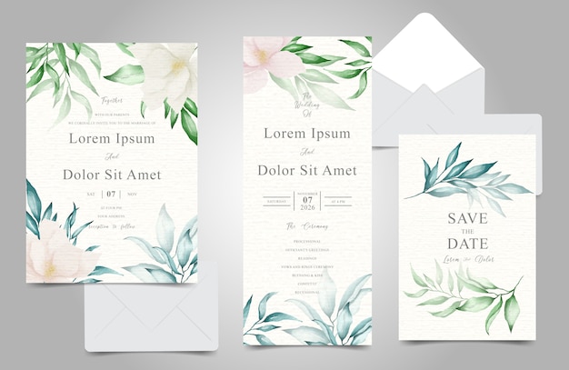 Bruiloft uitnodiging briefpapier met aquarel bloemen en bladeren