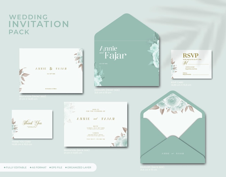 Vector bruiloft uitnodiging complete set met bloem waterverf premium vector