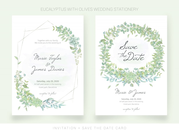 Bruiloft uitnodiging en bewaar de datumkaart met aquarel bladeren