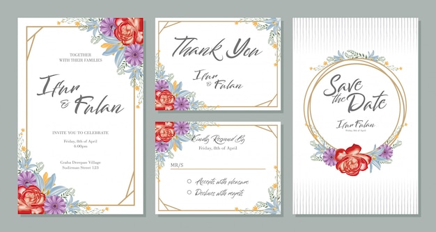 Bruiloft uitnodiging kaart ontwerp sets met bloemen
