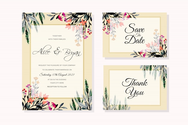 bruiloft uitnodiging kaartsjabloon met wilde bloemen aquarel achtergrond