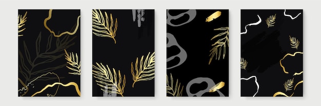 Bruiloft uitnodiging met bladeren, goud, zwart sjabloon, artistieke covers ontwerp, kleurrijke textuur, moderne achtergronden. Trendy patroon, grafische gouden brochure. Luxe vectorillustratie