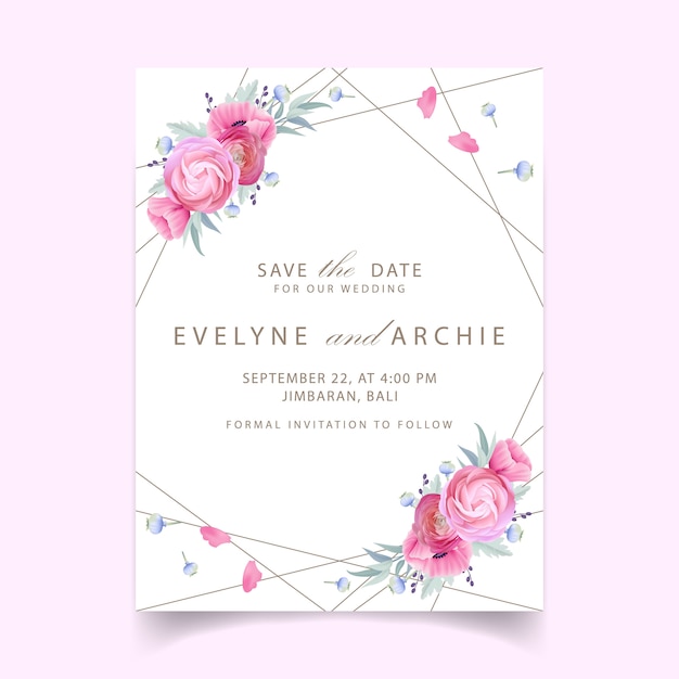Bruiloft uitnodiging met bloemen ranunculus en poppy bloemen