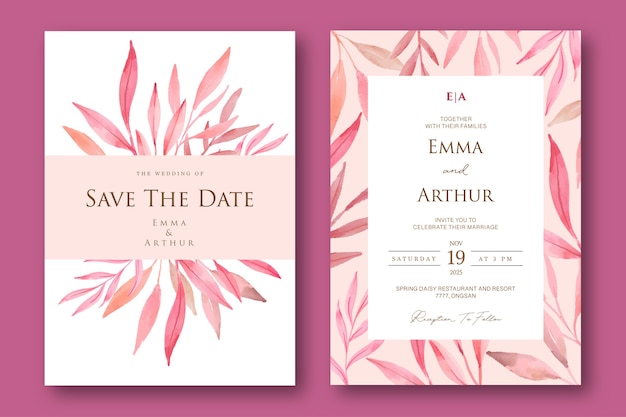 bruiloft uitnodiging met roze bladeren aquarel